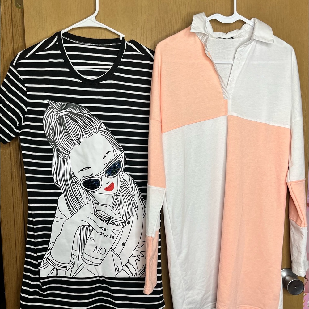 Women’s Striped Black and white T-shirt dress and peach/white checkered OS dress
